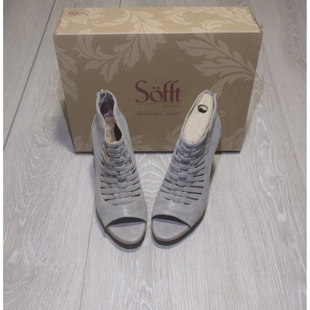 Sofft - Renita Mist Grey Suede Peep-toe Caged High Heel Wedge Sandal - 6.5 -NEW